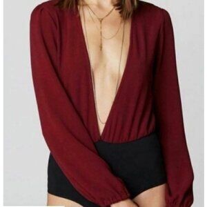 New Flynn Skye Holly Bodysuit Womens XS/S Burgundy Wine  Long Sleeve Deep V Neck